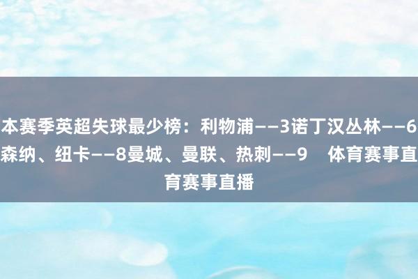 本赛季英超失球最少榜：利物浦——3诺丁汉丛林——6阿森纳、纽卡——8曼城、曼联、热刺——9    体育赛事直播